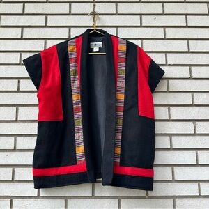 Vintage The Daily Planet Wool Vest Jacket Black Red Nepal Sz M Boho Ethnic Trim